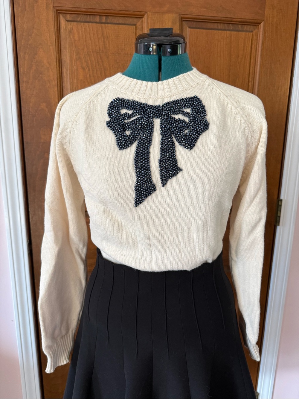 Mestiza New York Cream Glass Beaded Bow Sweater Medium